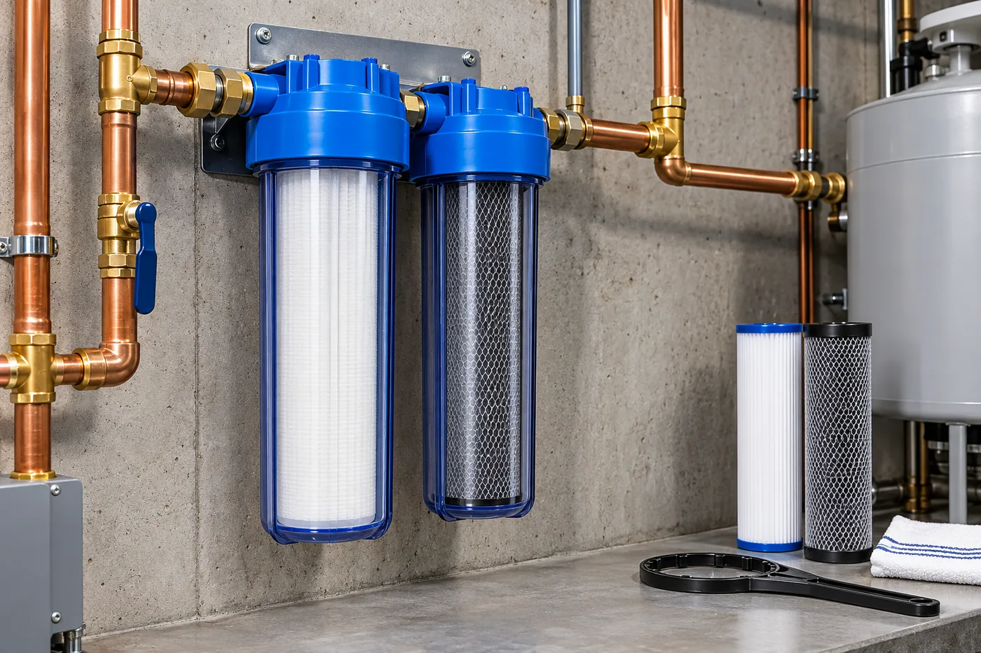 Dual whole-house housings with pleated sediment and carbon block cartridges in Union, NJ