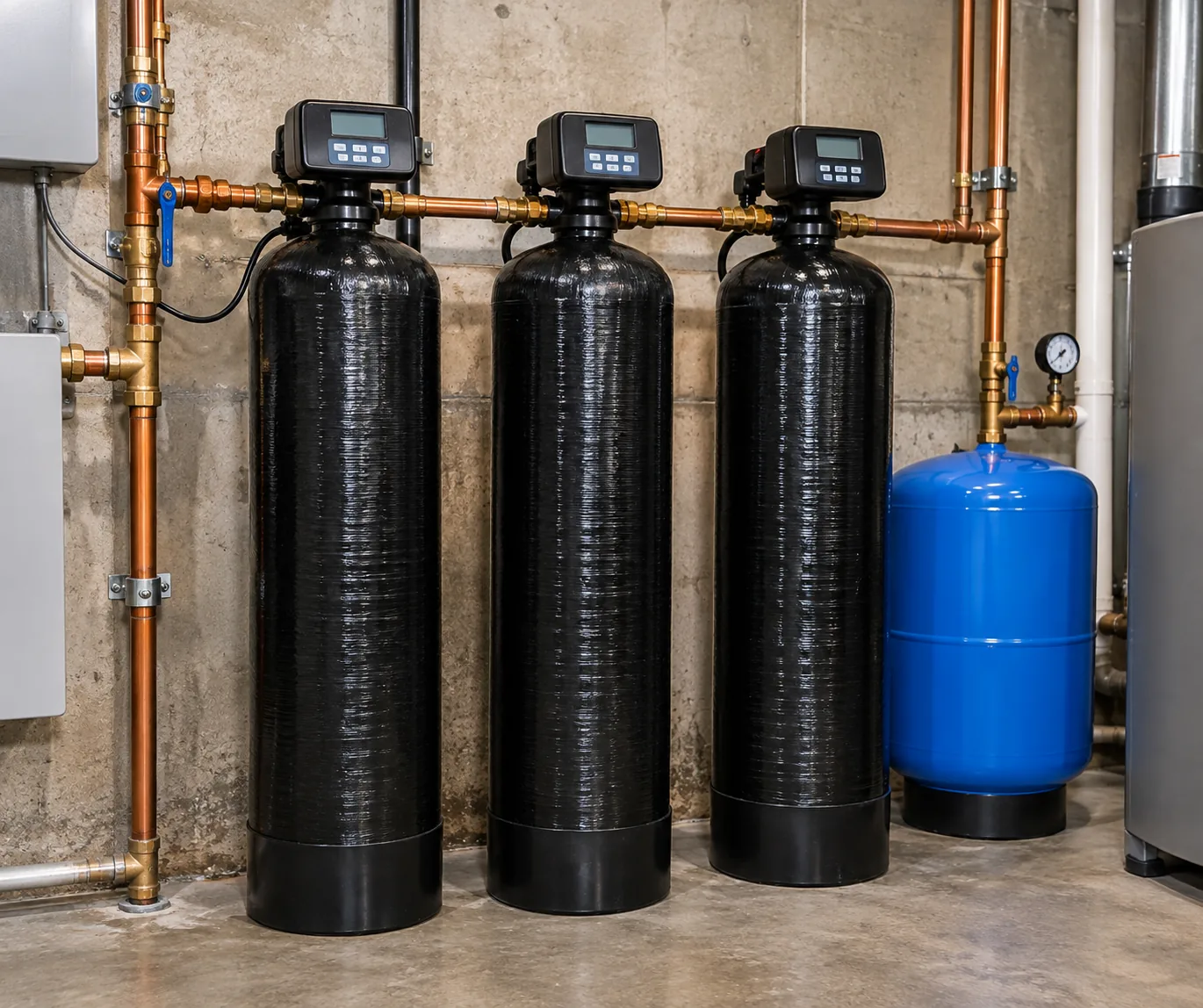 Air-injection iron and sulfur treatment tanks on copper piping in a Union basement