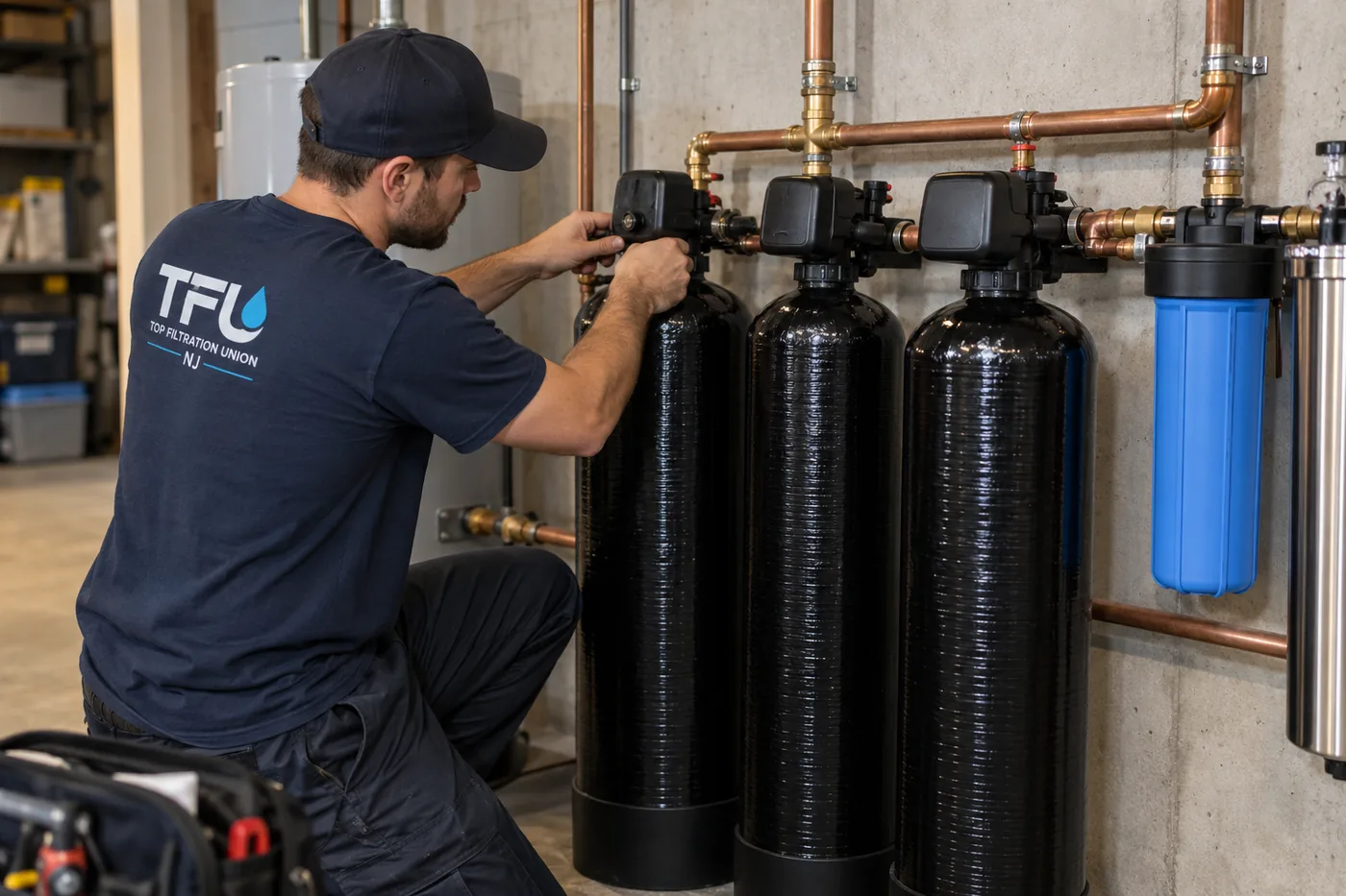 Top Filtration technician servicing a multi-tank iron and sulfur treatment system in a Union, NJ basement