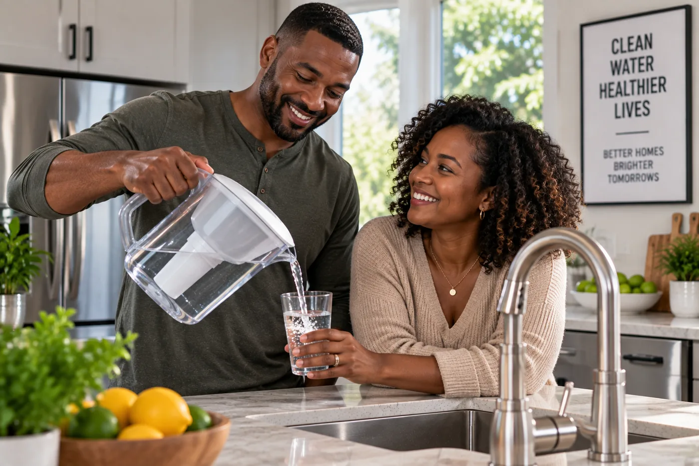 A Union, NJ couple pouring filtered water at home &mdash; the reason the equipment matters
