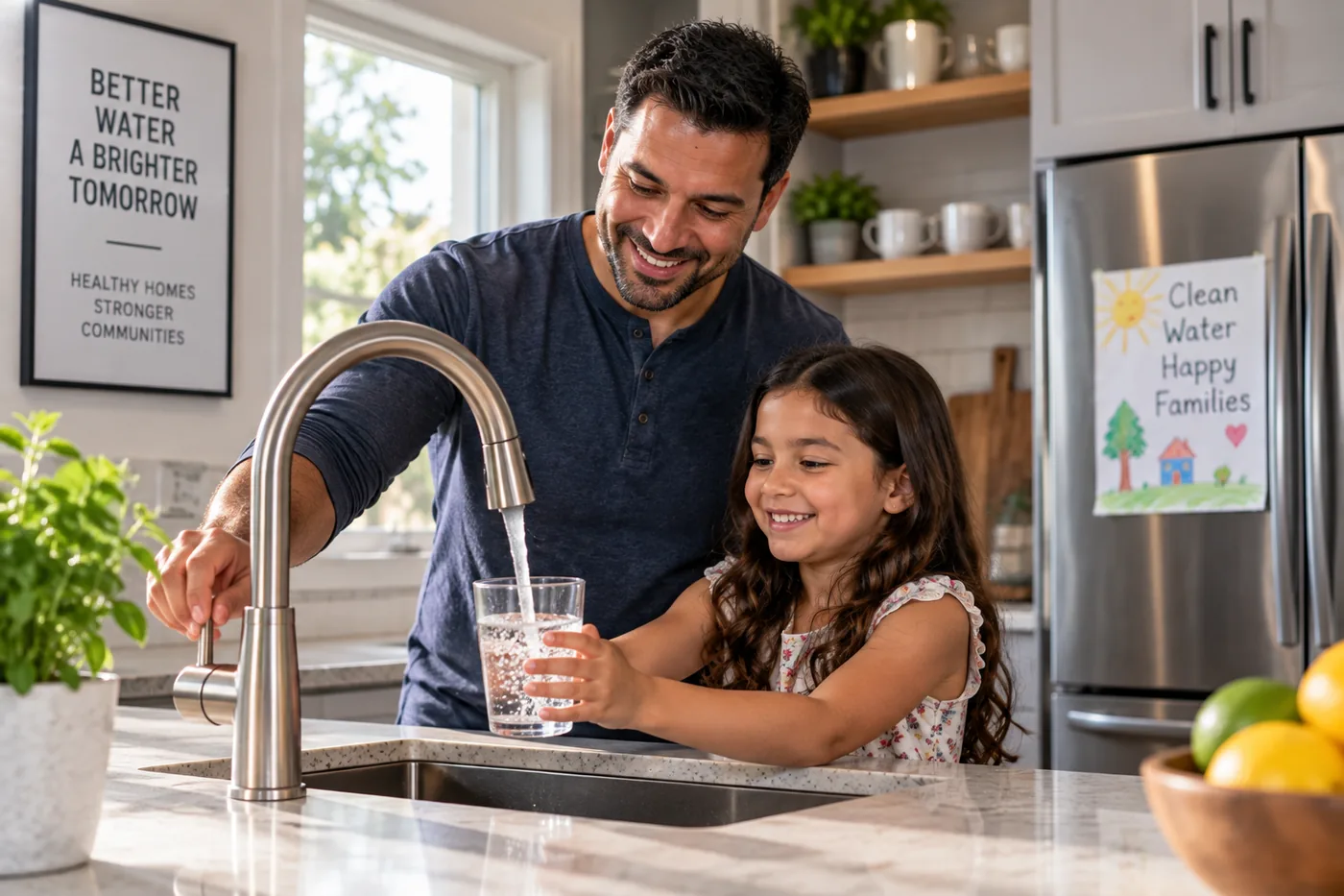 A Union, NJ father and daughter filling a glass straight from the kitchen tap