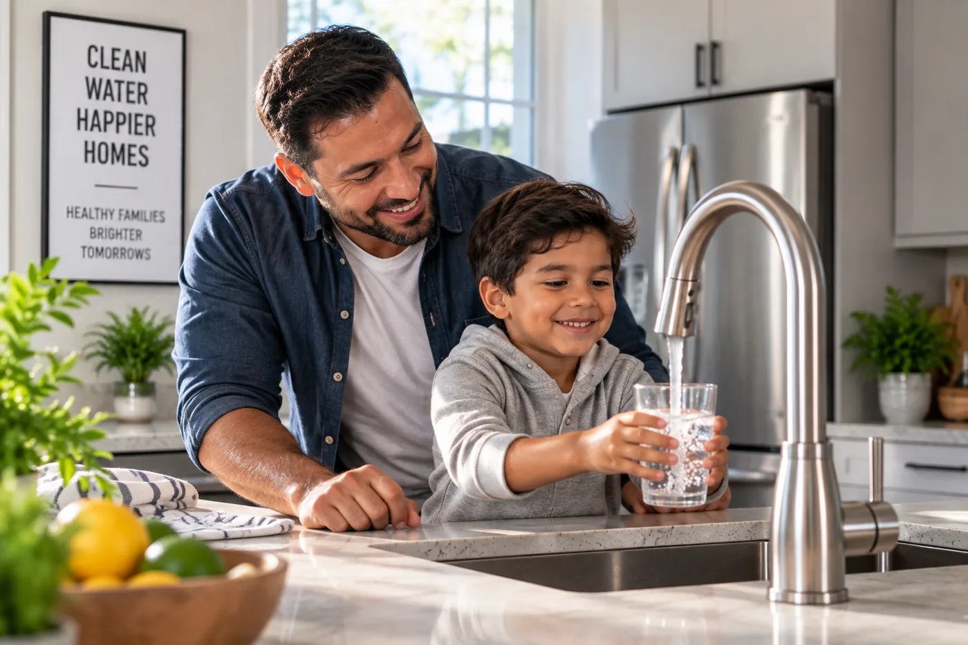 A Union, NJ father and son filling a glass of safe, disinfected water at the kitchen tap