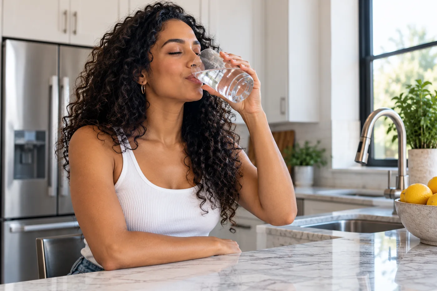 A Union, NJ resident drinking a glass of filtered water at home