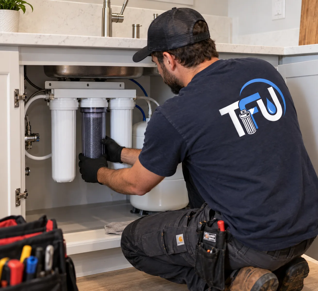 Multi-stage under-sink reverse osmosis system serviced in a Union, NJ kitchen