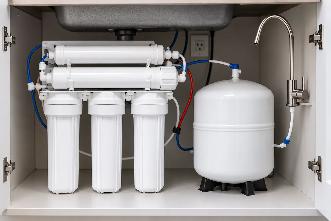 Completed under-sink reverse osmosis system with storage tank and dedicated faucet