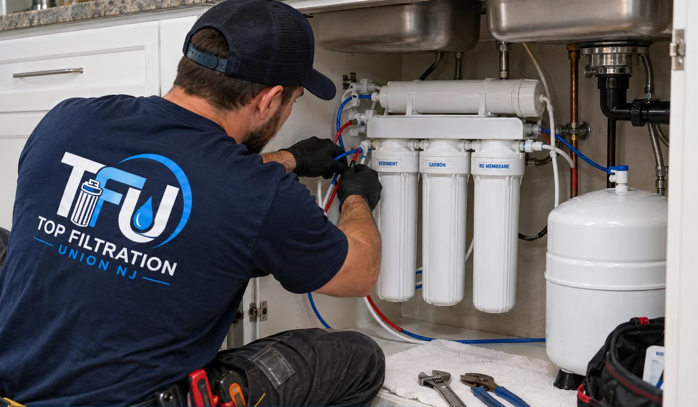 Top Filtration technician installing an under-sink reverse osmosis system in a Union, NJ kitchen
