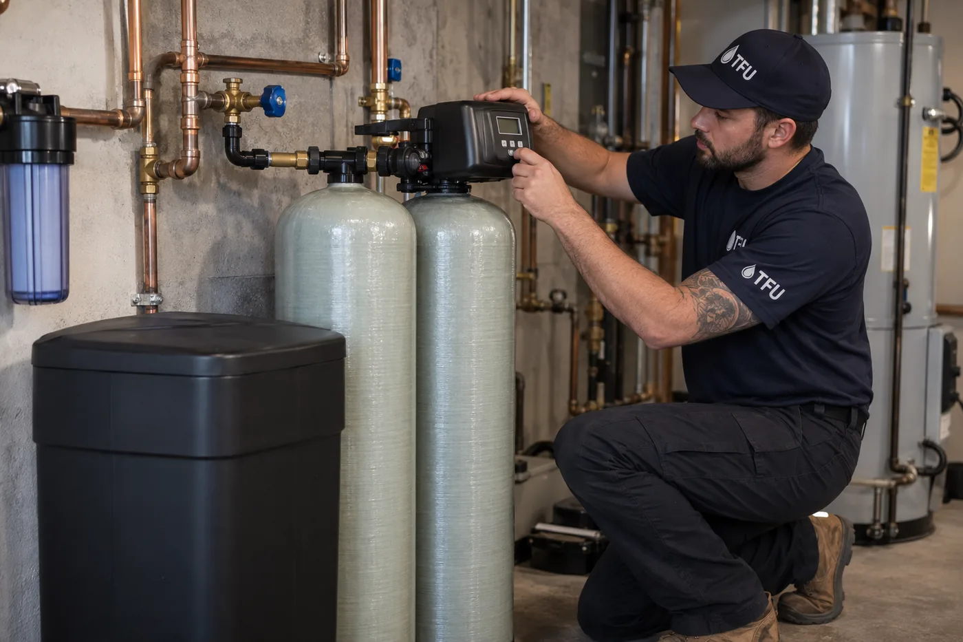 Top Filtration technician servicing a softener control head in Union