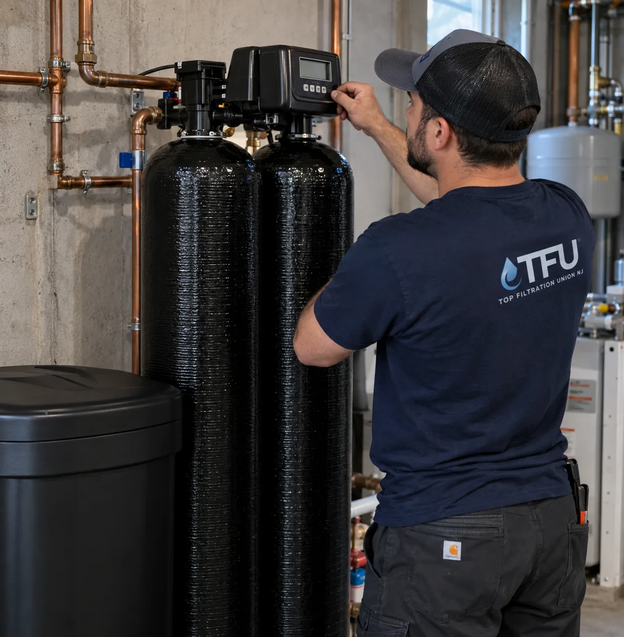 Top Filtration technician programming a twin-tank water softener beside its brine tank in Union, NJ