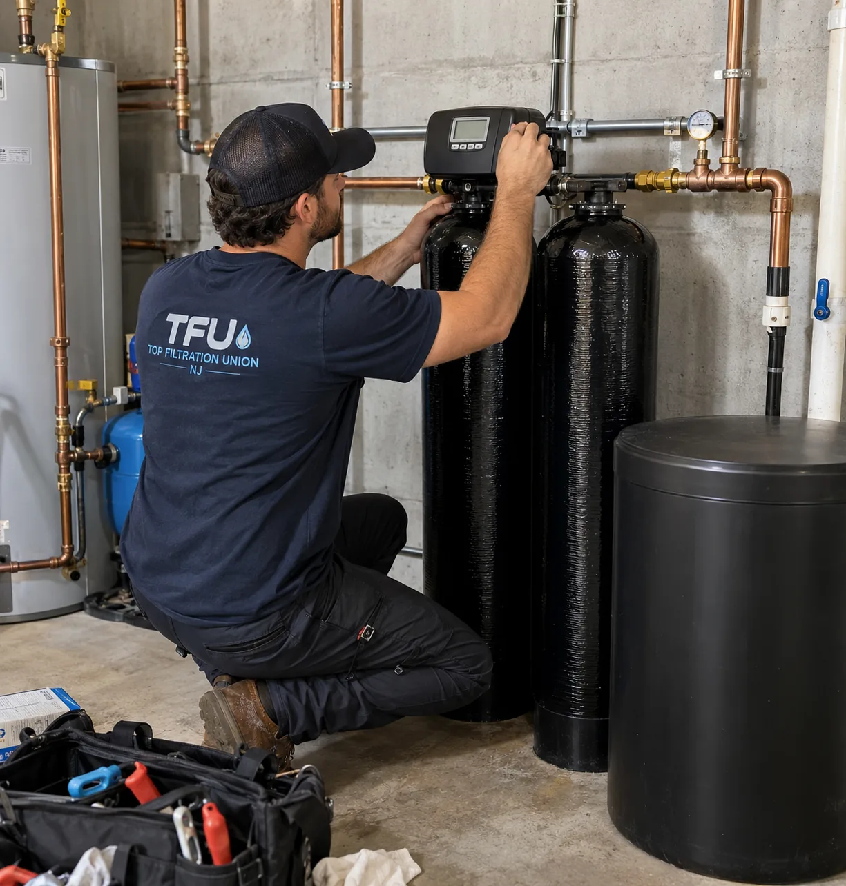 Top Filtration technician cutting a whole-house system into the main water line in a Union basement